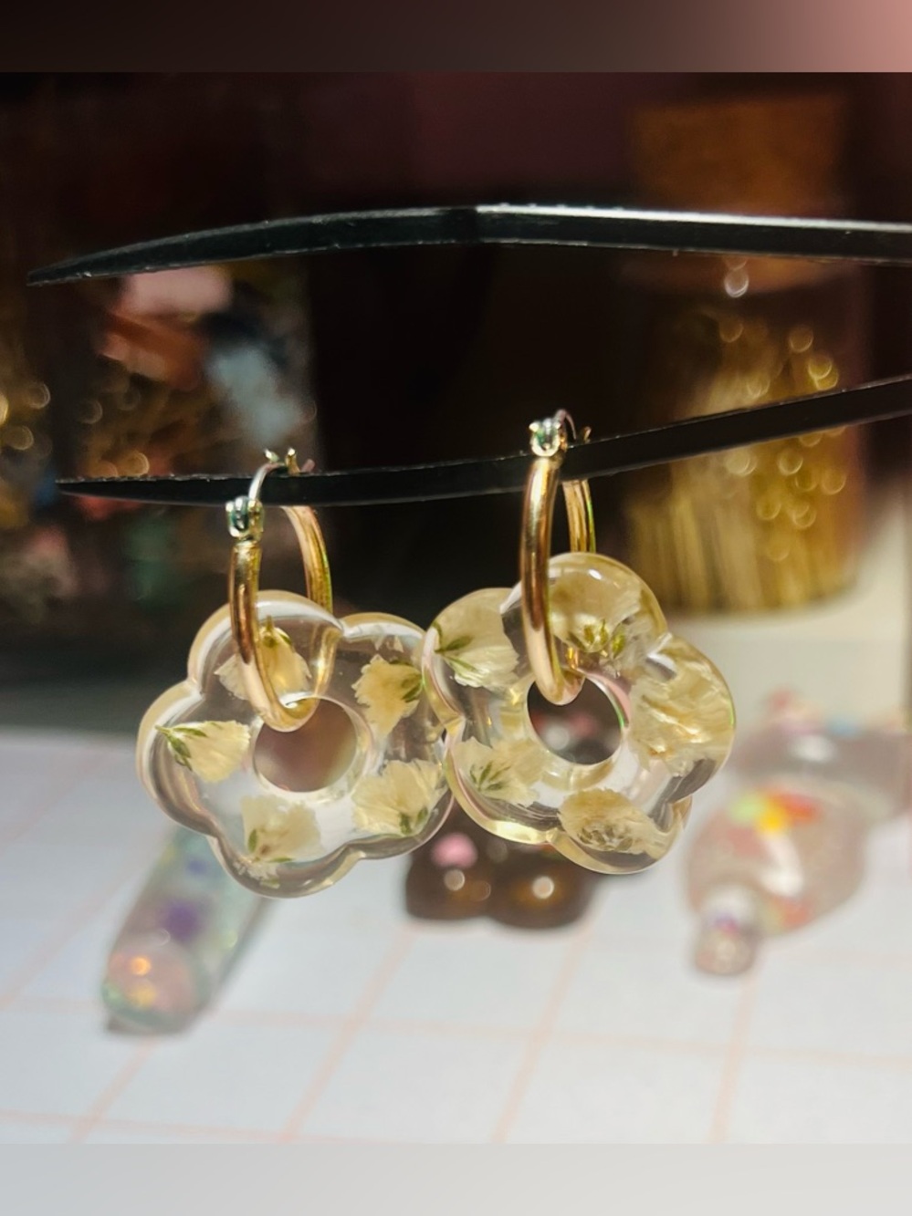 Gold Hoop Floral Resin Flower Earrings in Cream